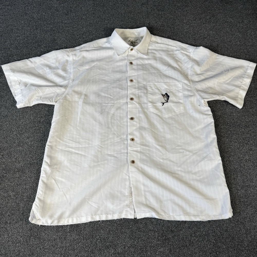 Bamboo Cay Marlin Men's L Embroidered Fishing Casual Button Up Shirt Beige White - Picture 2 of 9
